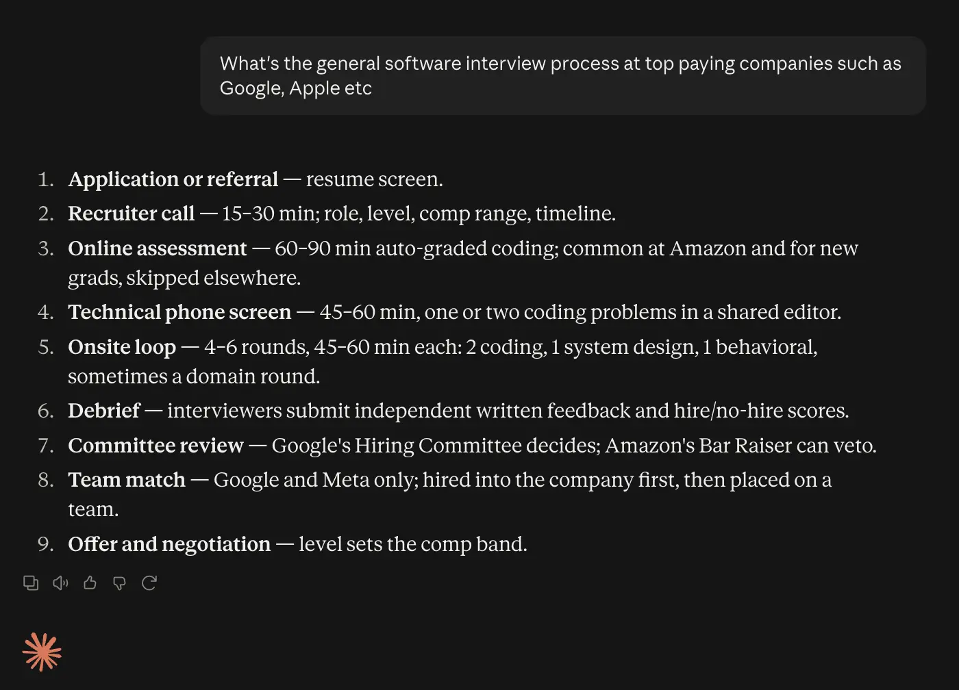 Claude laying out the interview process at a top company