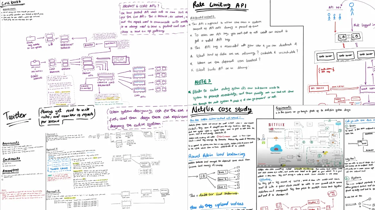 Pages of my handwritten system design notes
